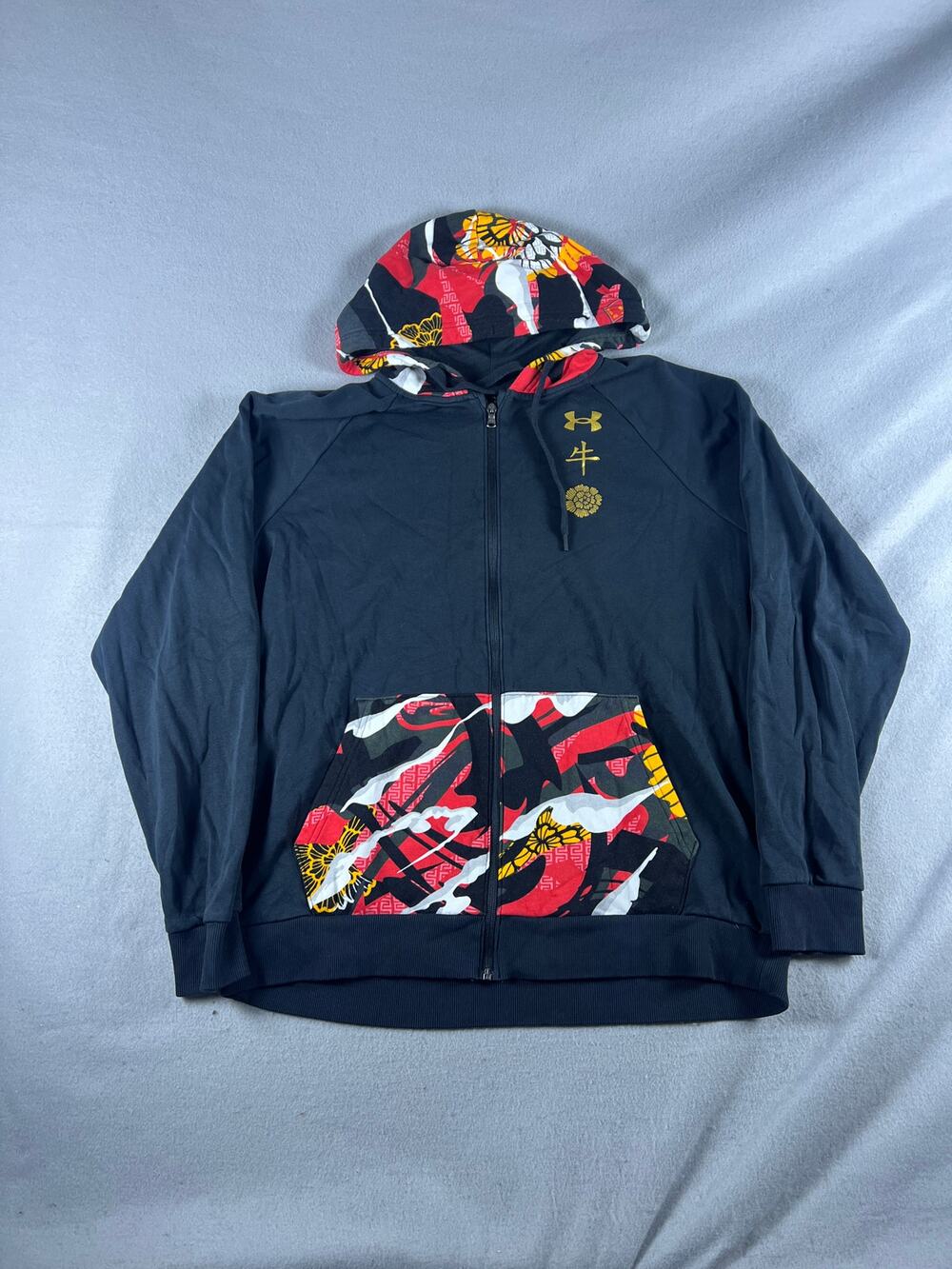 Under Armour Rival CNY Fleece Hoodie Mens XL Black Loose Floral ColdGear Sweats